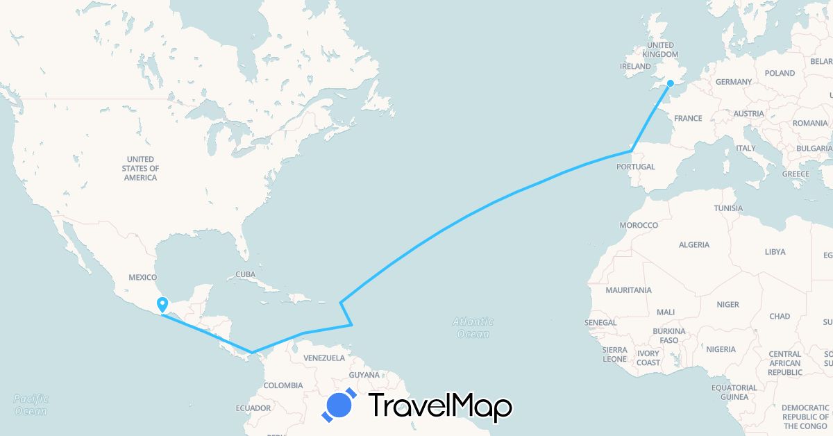 TravelMap itinerary: boat in Aruba, Spain, United Kingdom, Saint Lucia, Mexico, Panama, Portugal (Europe, North America)